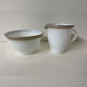 Vintage Pyrex Dove grey Gold band cream and sugar